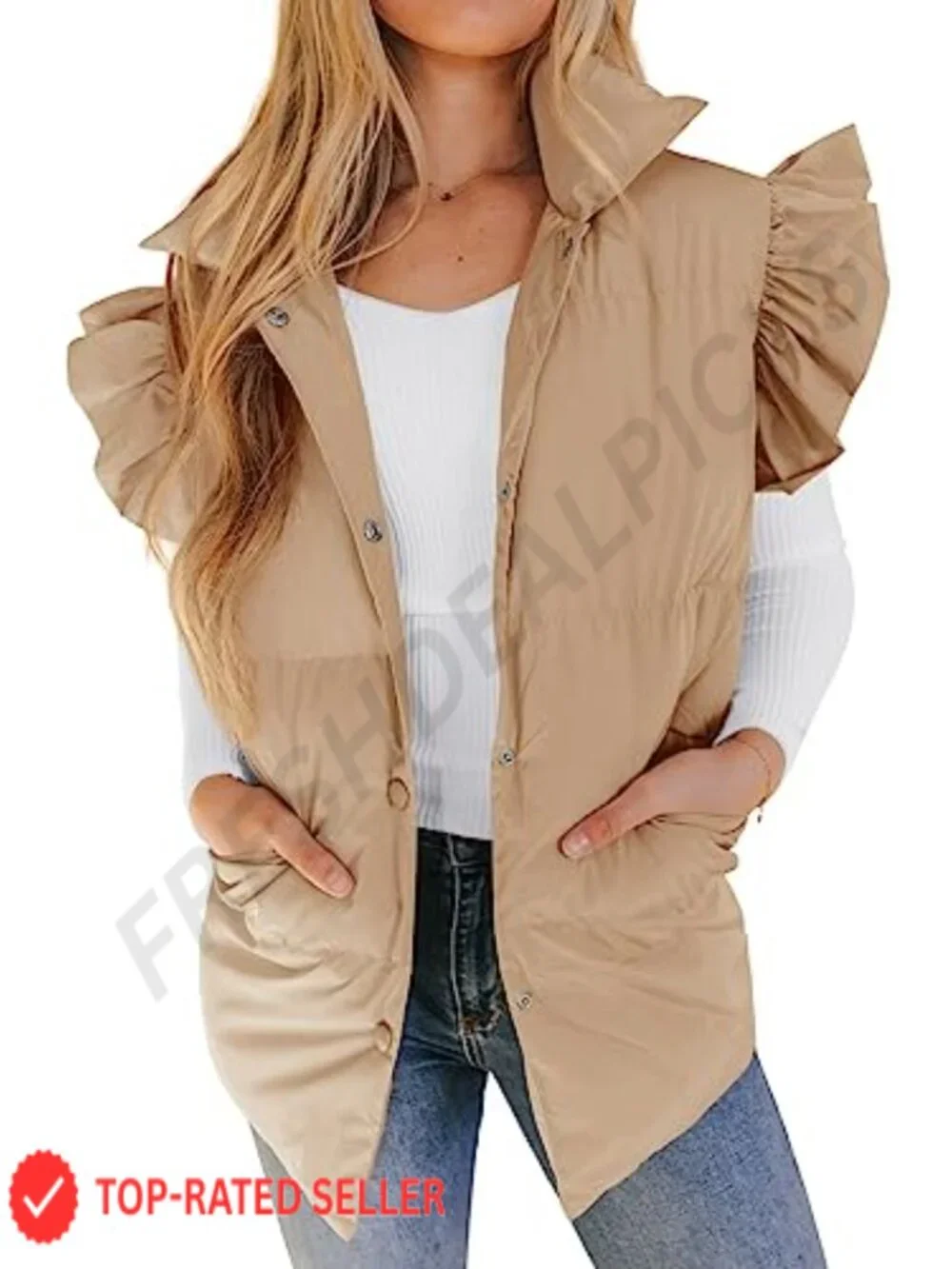 Women's Padded Puffer Vest Lightweight Quilted Sleeveless Ruffle Shoulder Coat